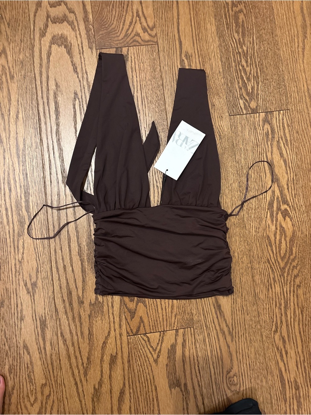 Zara Brown Deep V Ruched Crop Halter Top